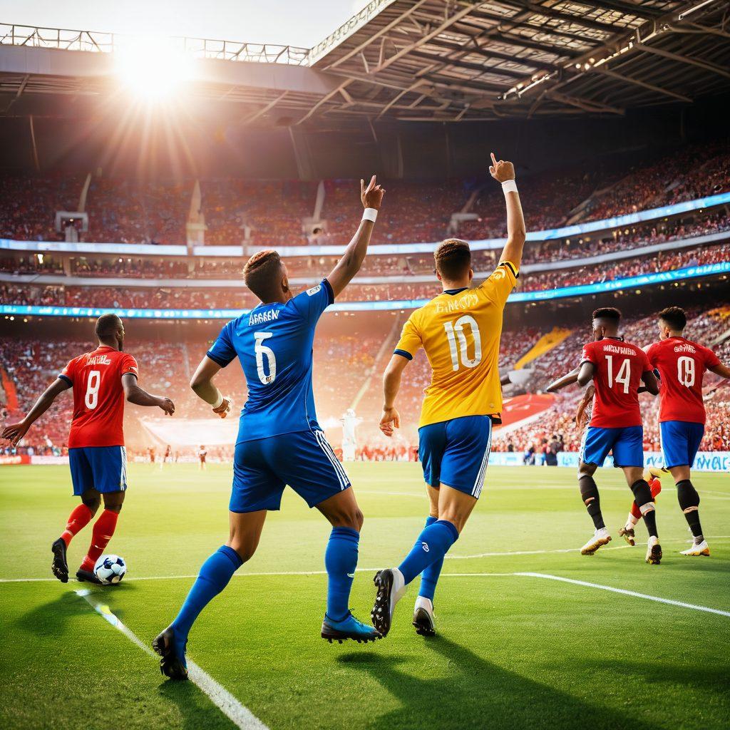 A dynamic scene depicting a football pitch with enthusiastic fans, showcasing a diverse crowd wearing jerseys from various countries. Include a vivid representation of insurance papers fluttering in the air, symbolizing tailored solutions, alongside football gear and trophies. The background features a bright stadium under a radiant sunset, emphasizing excitement and celebration. super-realistic. vibrant colors.