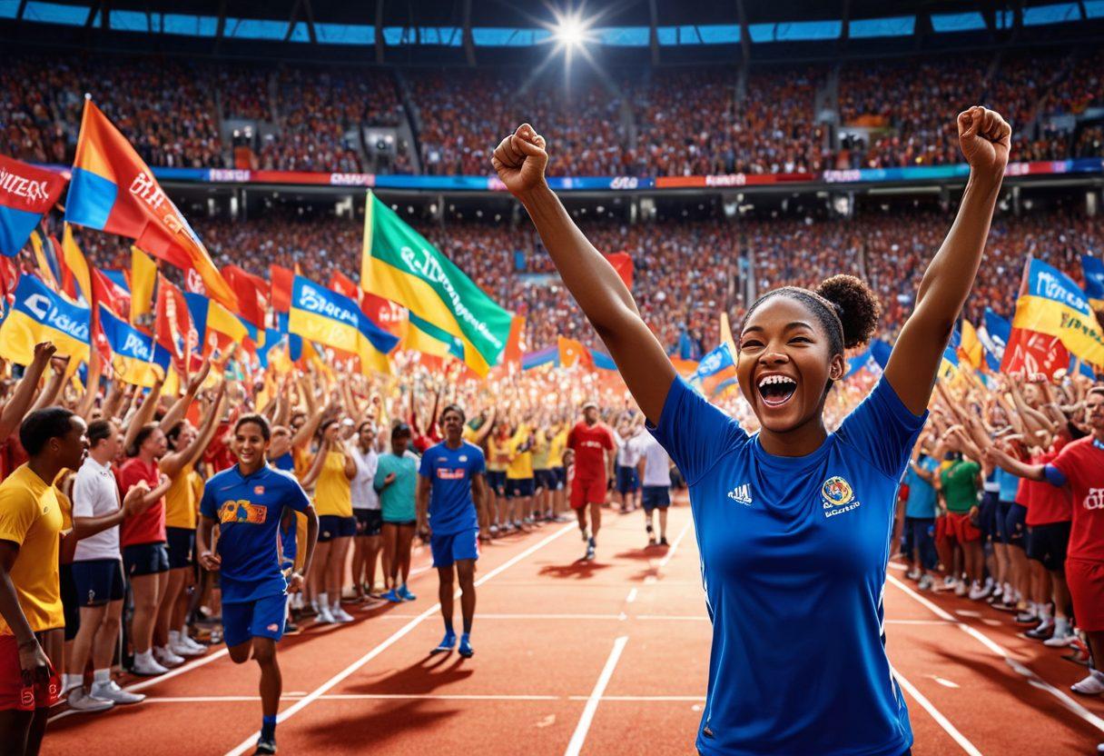 A dynamic scene portraying diverse athletes in various sports, showcasing their journey from training to victory. Include elements symbolizing support and community, like cheering fans and coaches, set against a backdrop of a vibrant stadium. Emphasize emotions of determination and triumph on the athletes' faces. super-realistic. vibrant colors. 3D.