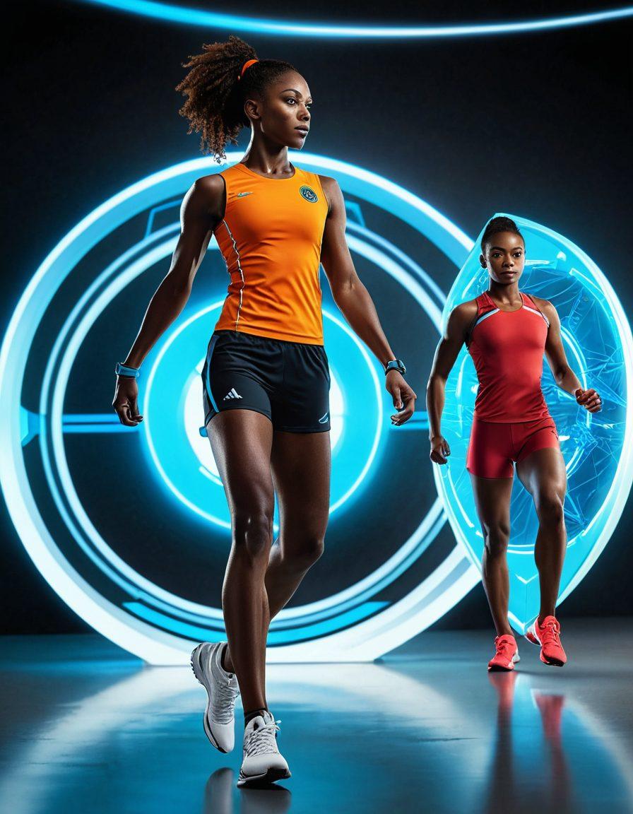 A dynamic scene showcasing diverse athletes, such as a runner, soccer player, and gymnast, each wearing gear that symbolizes digital technology, like smartwatches and fitness trackers. In the background, a digital shield representing protection and security envelops them, highlighting the theme of sports insurance. Bright and energetic colors throughout, with a futuristic touch to reflect the digital age. super-realistic. vibrant colors. white background.